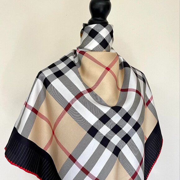 NWT Burberry Scarf Logo Iconic Beige Check Black Red Border Silk Wrap - Picture 13 of 13